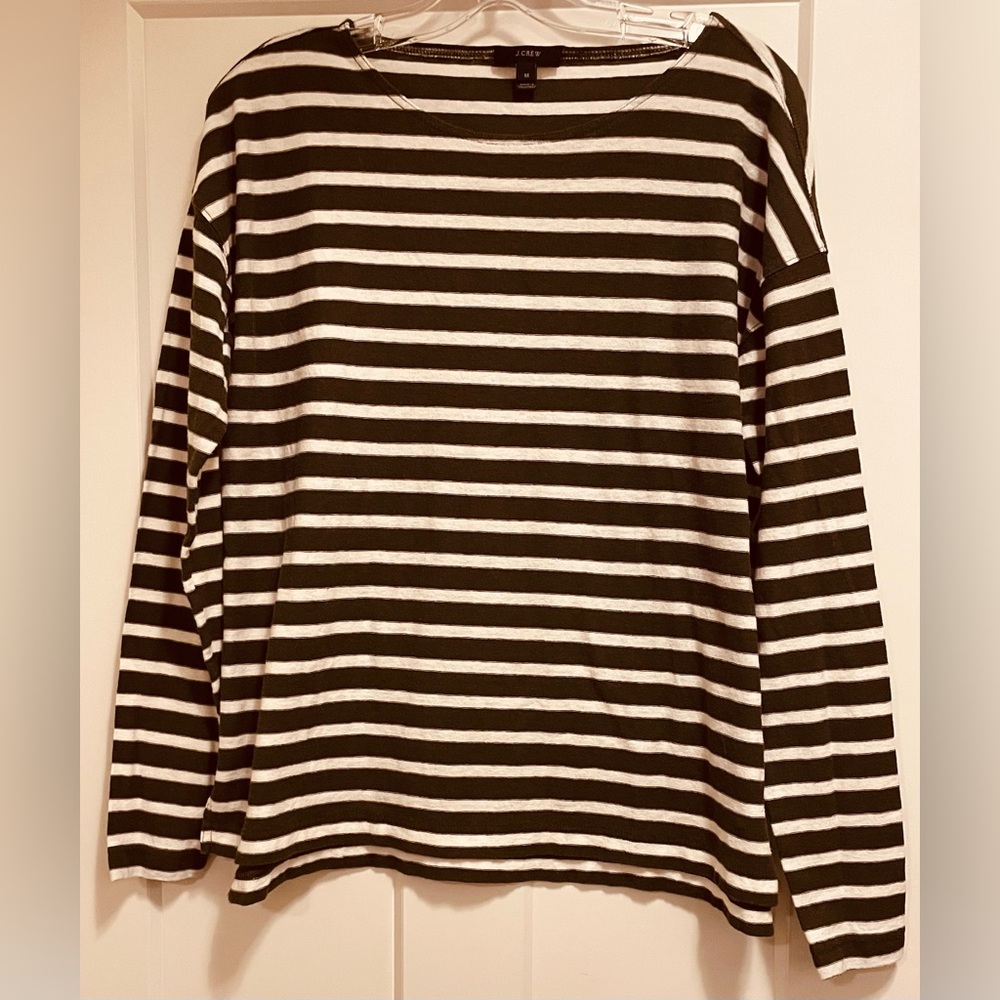 J. Crew Men's Green and White Striped Crewneck Sweater